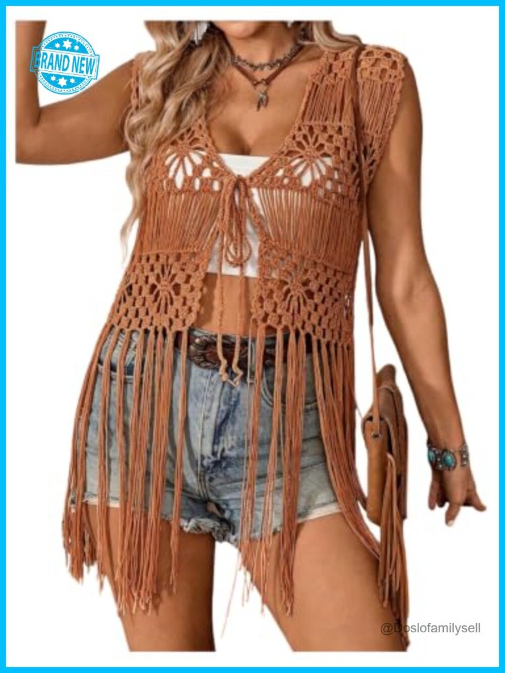 Crochet Fringe Tie Front Vest Sleeveless Hollow Out Cardigan Festival